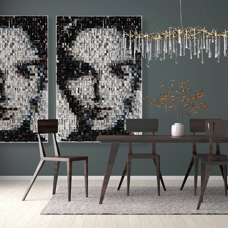 john richard collection dining room and art and chandelier 