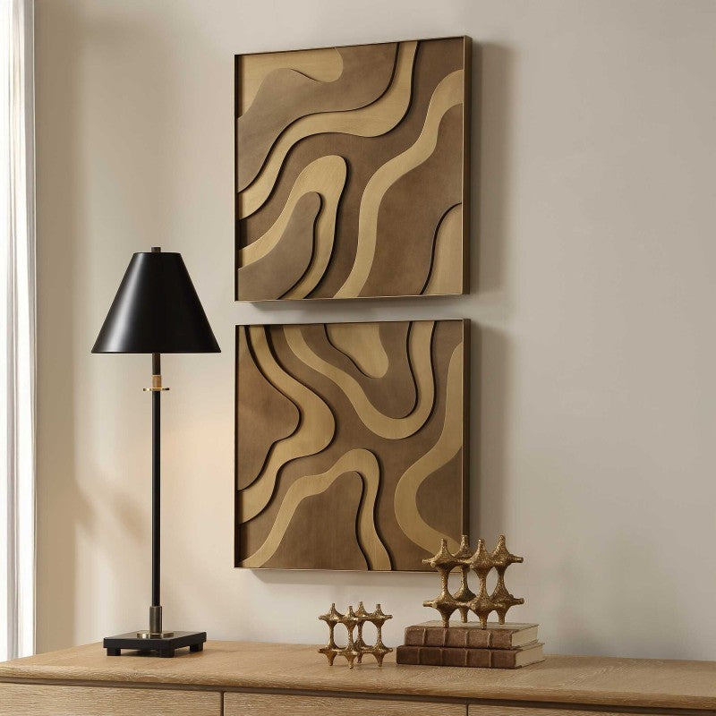 Golden Terrain - Wooden Wall Decor (Set of 2) - Brown / Gold