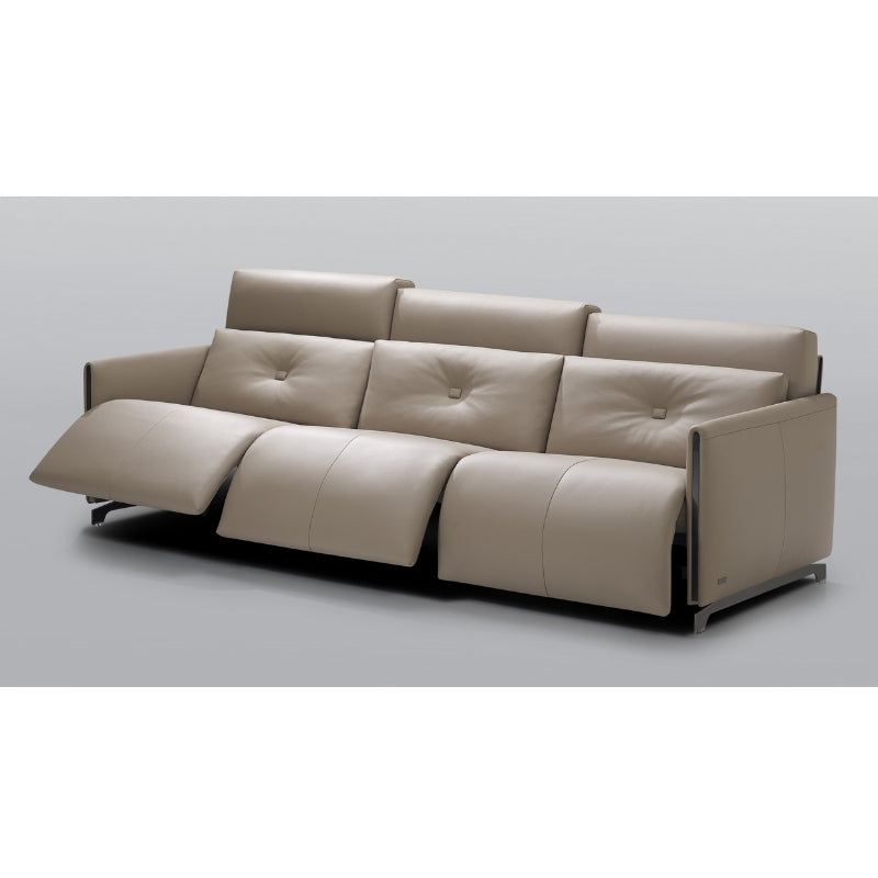 Beige sofa with a reclining feature on a gray background