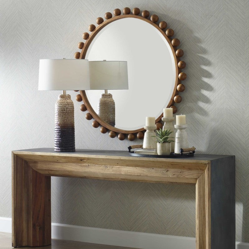 Cyra - Wood Beaded Round Mirror - Bronze