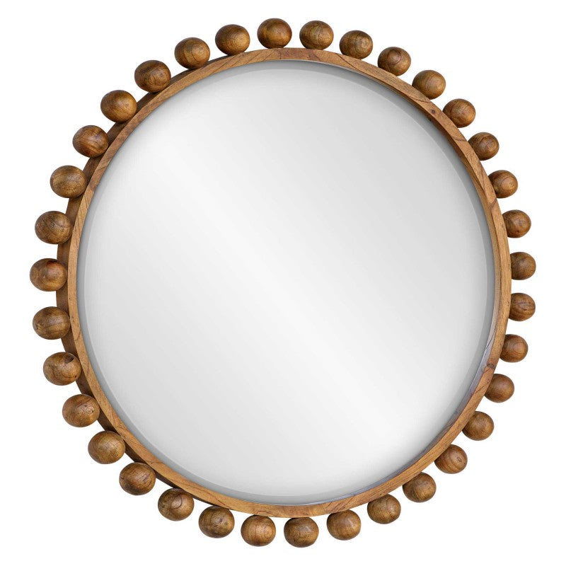 Cyra - Wood Beaded Round Mirror - Bronze