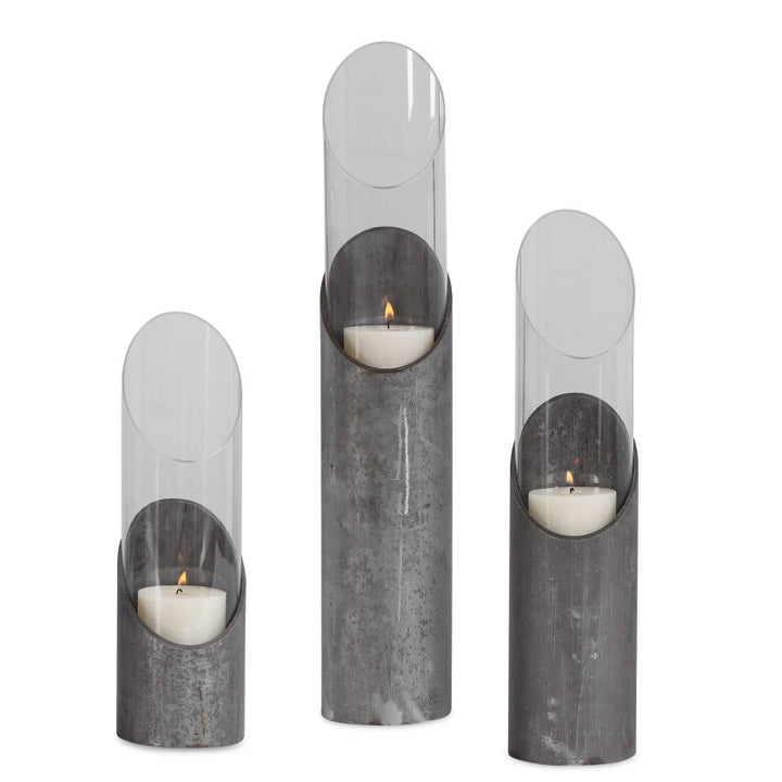 Karter - Iron & Glass Candleholders (Set of 3) - Pearl Silver & Dark Gray