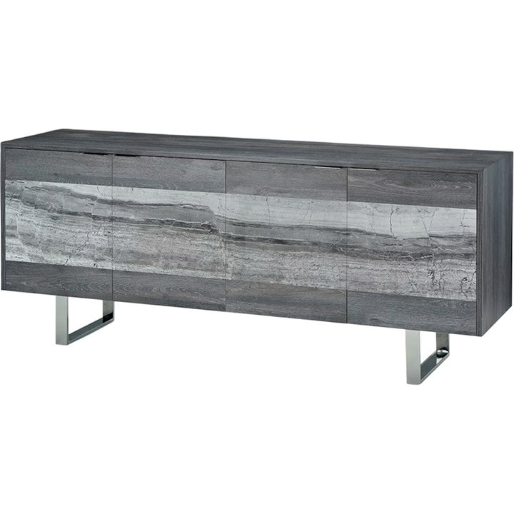 Gray wooden sideboard with marble inserts on a white background
