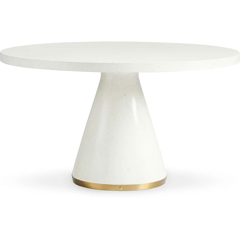 White dining table with a gold base on a white background