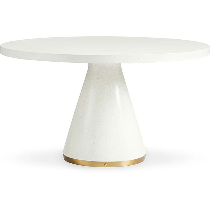 White dining table with a gold base on a white background
