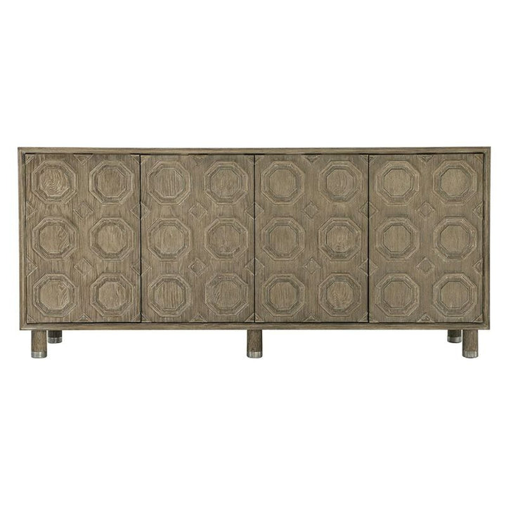 Decorative wooden cabinet with geometric pattern on a white background
