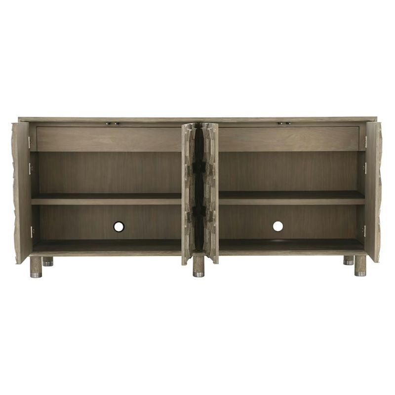 Wooden sideboard with open doors on a white background