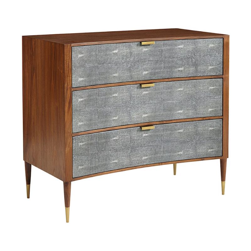 Wooden dresser with gray textured drawers on a white background