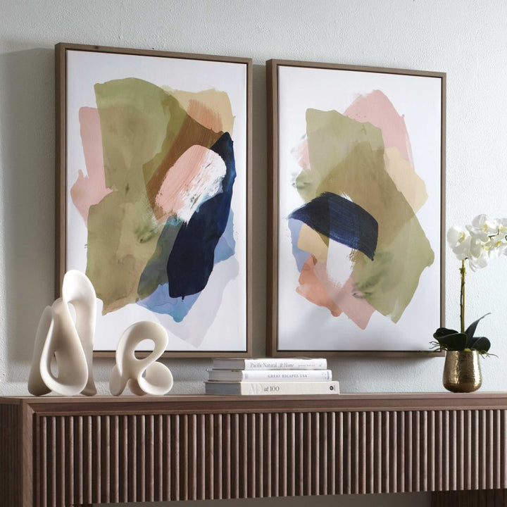 Abstract Afternoon - Framed Canvases (Set of 2) - Blue / Green / Pink / White / Woodtone / Yellow