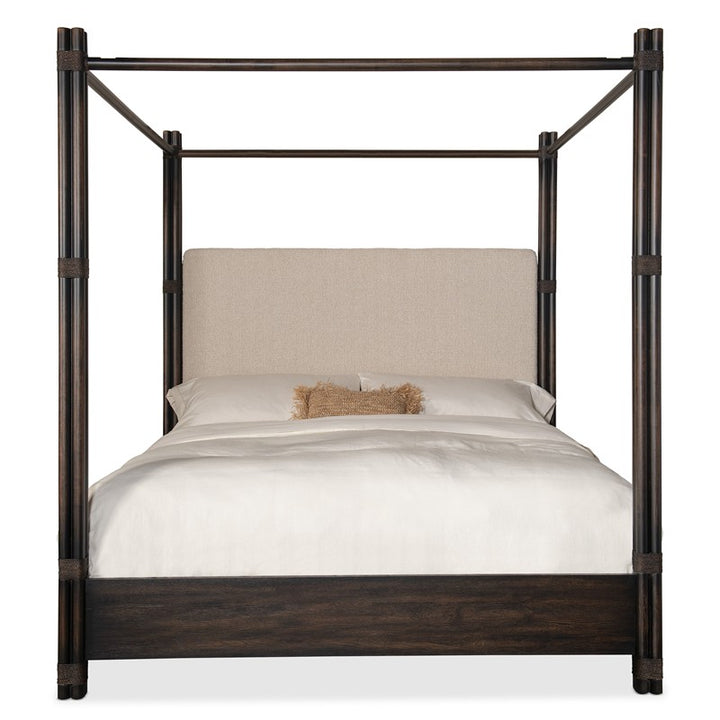 Retreat - Pole Rattan King Upholstered Poster Bed With Canopy - Black