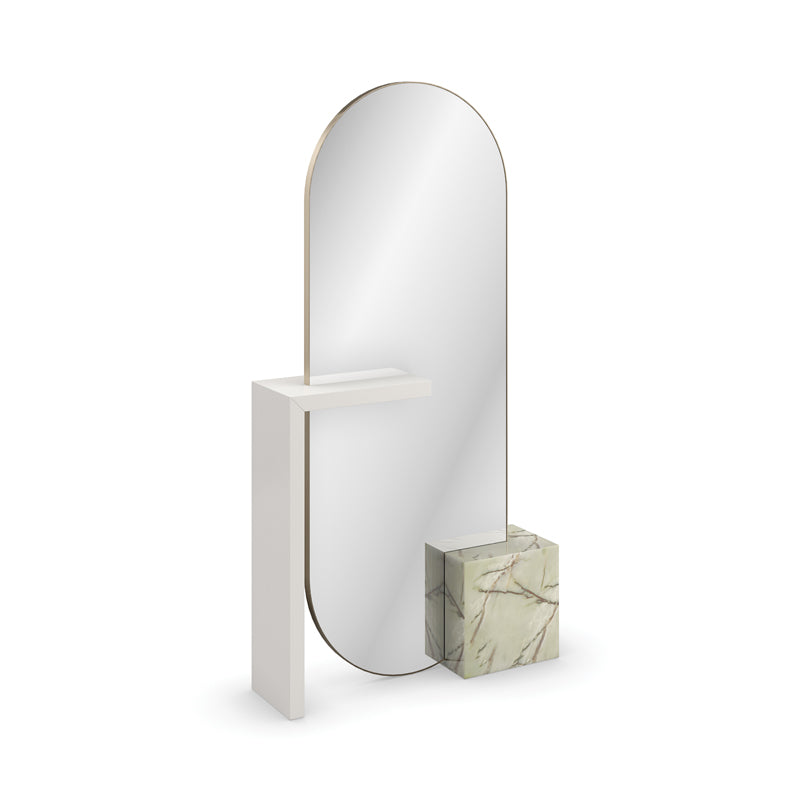 Modern standing mirror with marble base on a white background